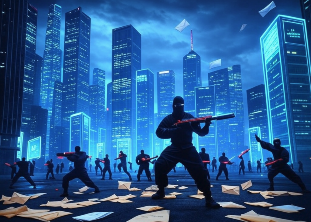 Futuristic cityscape under siege by phishing email ninjas and bot baddies, defended by AI-powered shields and lasers